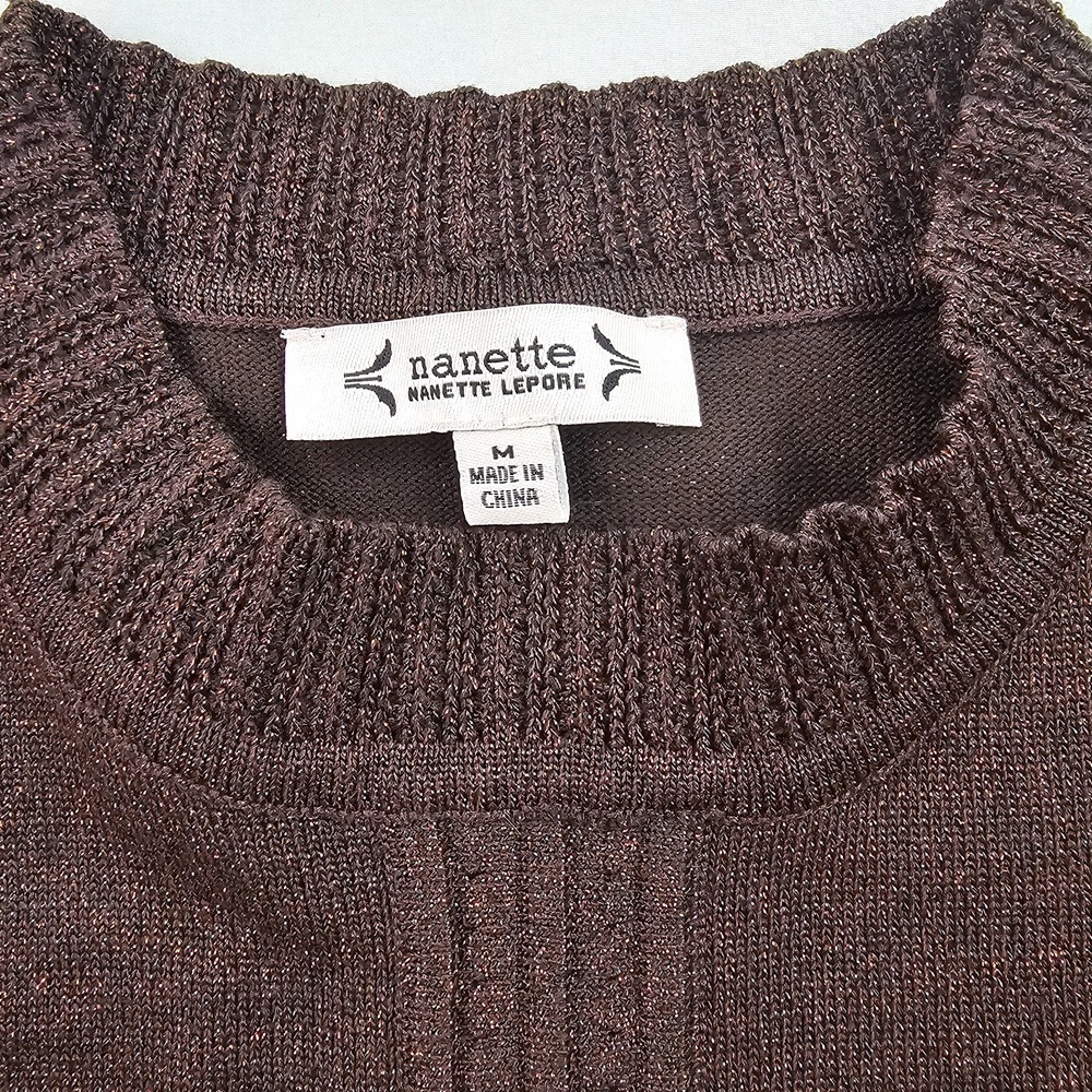 Nanette Lepore Brown Lurex Sweater Dress M Mock Neck Tiered NM2F11P61 $138 NEW - Picture 7 of 11